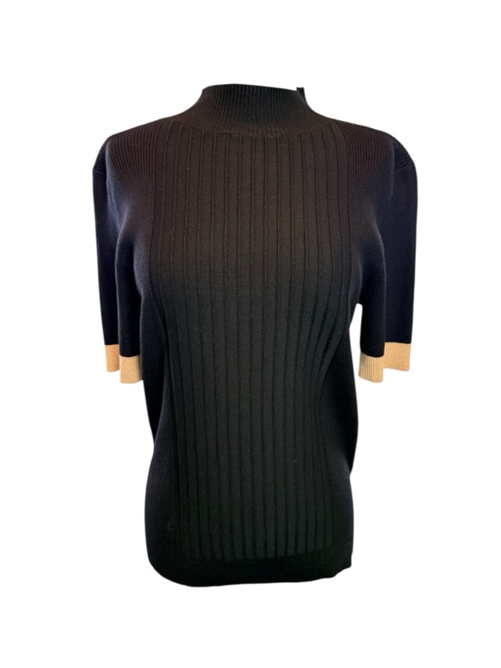 CeCe Ribbed Mock Neck Top L Black Short Sleeve Knit Minimalist Chic
